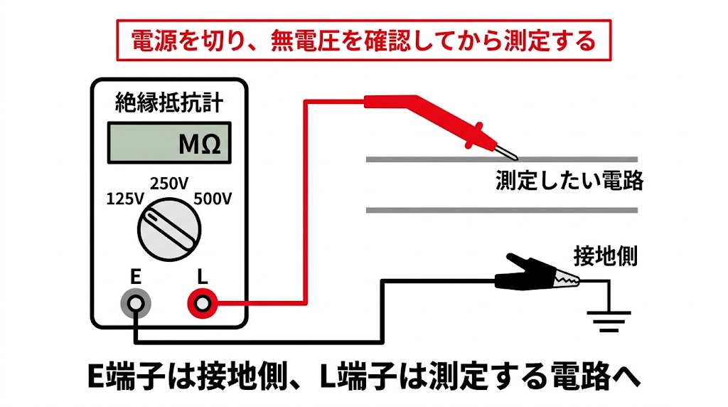 絶縁抵抗計のE端子を接地側に、L端子を測定したい電路に接続する配線図