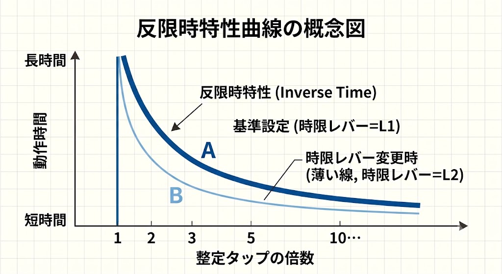 反限時特性の概念図。横軸は整定タップの倍数、縦軸は動作時間。電流が大きいほど動作時間が短くなる右下がりの曲線を2本示し、時限レバーの設定で曲線が上下に移動することを表している。