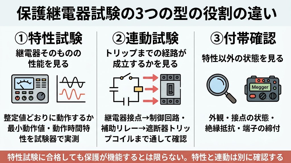 保護継電器試験の3つの型を比較した図。特性試験は継電器そのものの性能を試験器で実測し、連動試験は継電器接点から制御回路・補助リレーを経て遮断器のトリップコイルまでの経路を確認し、付帯確認は外観・接点の状態・絶縁抵抗・端子の締付を見る。