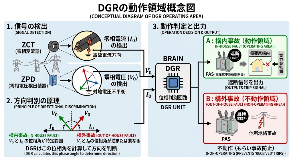 DGR(地絡方向継電器)の動作領域の概念図。ZCTが零相電流Ioを、ZPDが零相電圧Voを検出し、DGRが両者の位相角から地絡の方向を判別する。構内事故では動作領域に入って遮断信号を出力し、構外事故では不動作となってもらい事故を防ぐ。