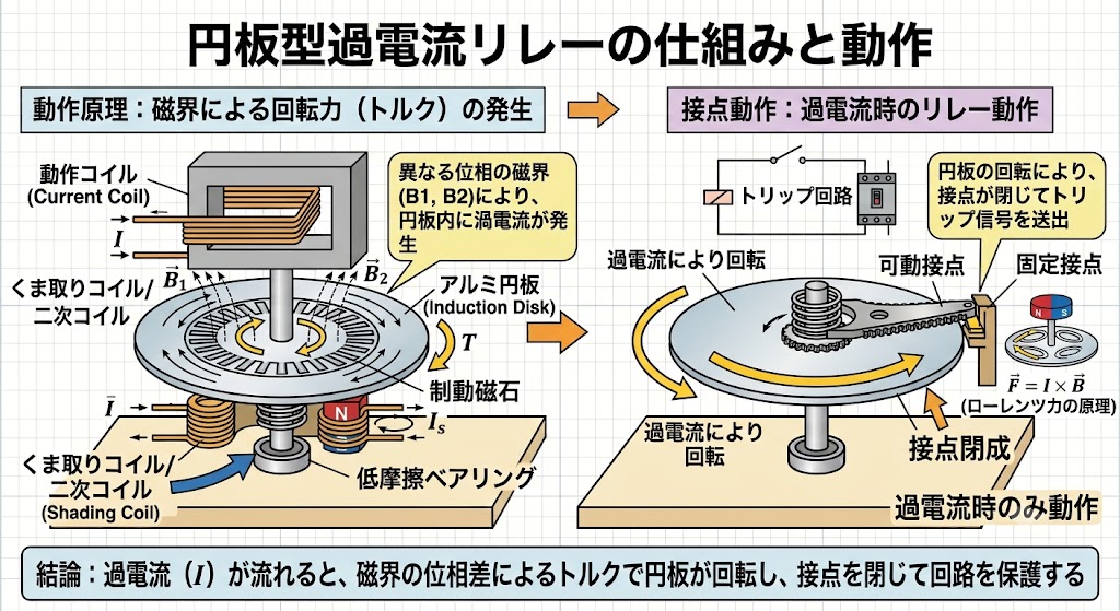 円板型過電流リレーの構造図。動作コイルとくま取りコイルが作る磁界でアルミ円板に渦電流が生じ、回転力が発生する。円板が回ると可動接点が固定接点に閉じ、トリップ信号が送出される。