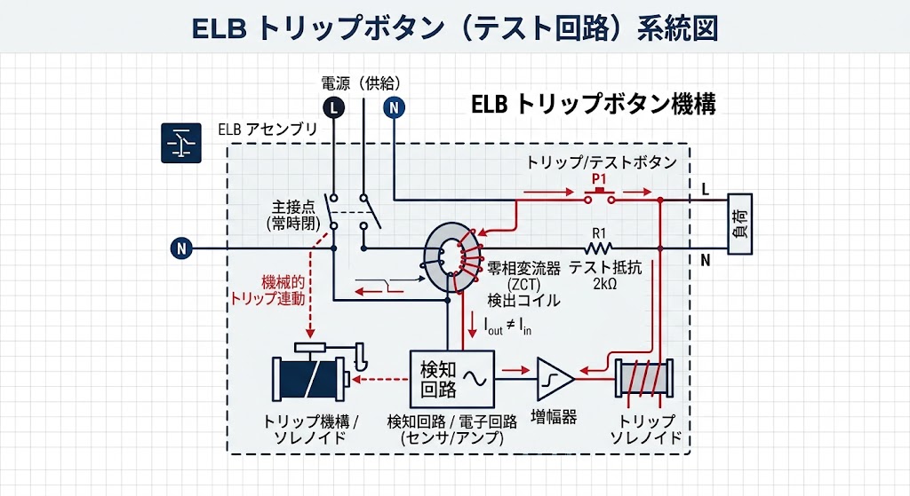 ELBのトリップボタン(テスト回路)の系統図。ボタンを押すとテスト抵抗を通る経路ができ、ZCTを通る往復電流に差が生じる。検知回路が増幅してトリップソレノイドを動かし、機械的に主接点を開放する。