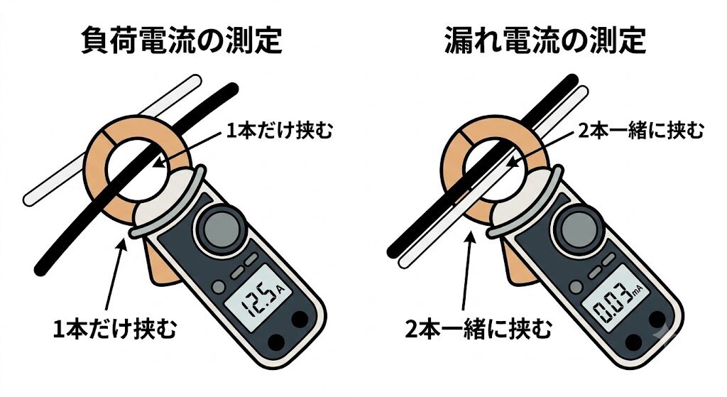 クランプメータの挟み方の比較図。左は負荷電流の測定で電線1本だけをジョーで挟み表示は12.5A、右は漏れ電流の測定で電線2本を一括で挟み表示は0.03mA。