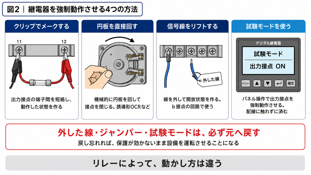連動試験で継電器を強制動作させる4つの方法を並べた図。ヒューズ付きクリップで出力接点の端子間を短絡してメークする方法、円板形継電器の円板を直接回して接点を閉じる方法、信号線を端子から外してタグを付け開放状態を作るリフト、そしてデジタル継電器のパネル操作で出力接点を強制動作させる試験モードの4つ。いずれの場合も、外した線・ジャンパー・試験モードは必ず元へ戻す必要がある。