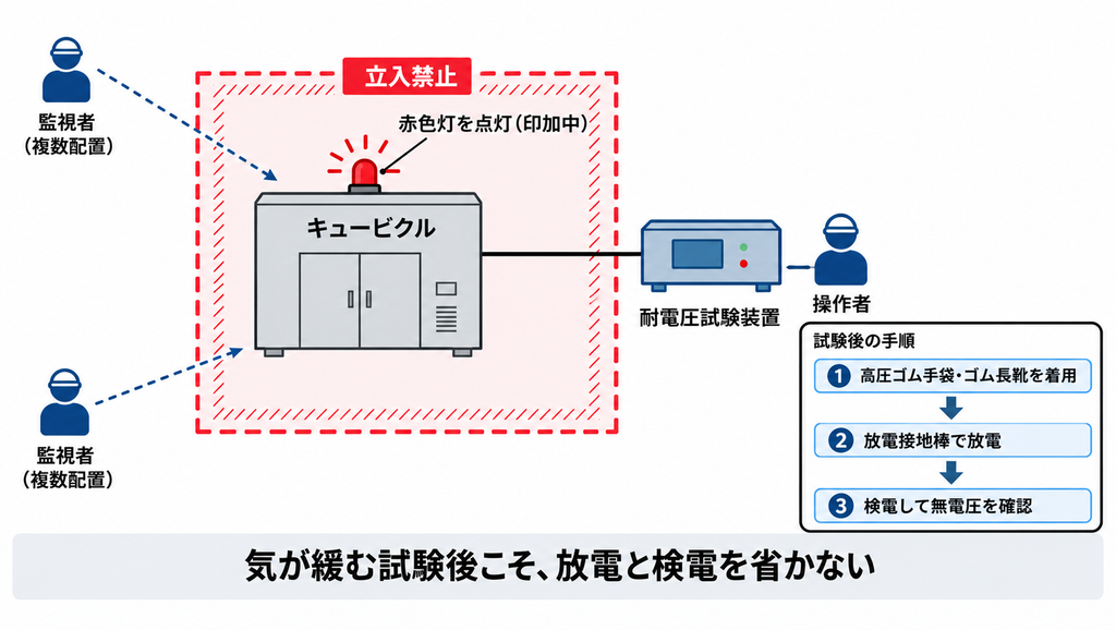 耐電圧試験時の区画と安全対策を俯瞰で示した配置図。キュービクルの周囲を赤ネットで区画し、印加中は赤色灯を点灯、監視者を複数配置する。試験後は放電接地棒で放電し、検電して無電圧を確認する