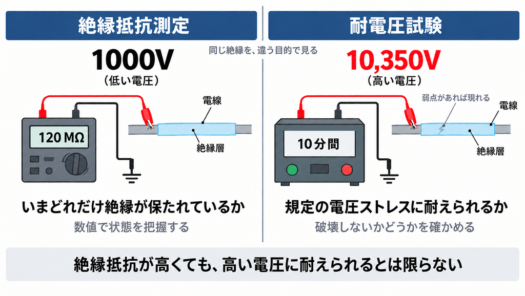 絶縁抵抗測定と耐電圧試験を左右に並べた比較図。同じ電線に1000Vを加えて数値で状態を把握するのが絶縁抵抗測定、10,350Vを10分間加えて破壊しないかを確かめるのが耐電圧試験